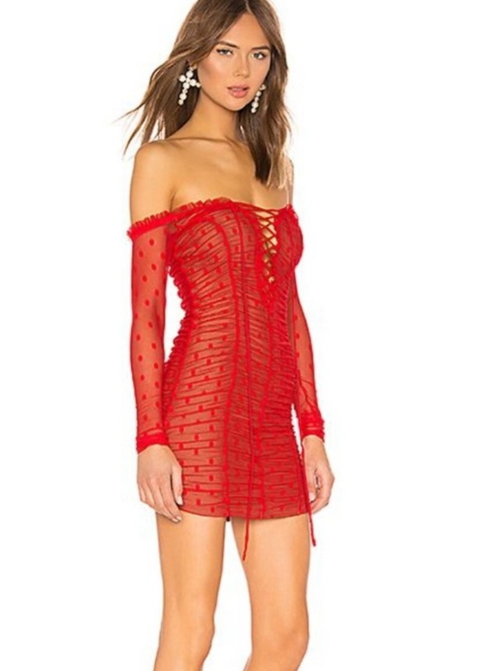 Red Off-Shoulder Lace-Up Mesh Mini Dress